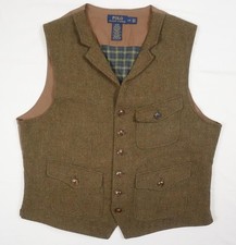 Polo Ralph Lauren Vest Waistcoat Suit Tweed Wool Tartan Hunting Khaki RARE L