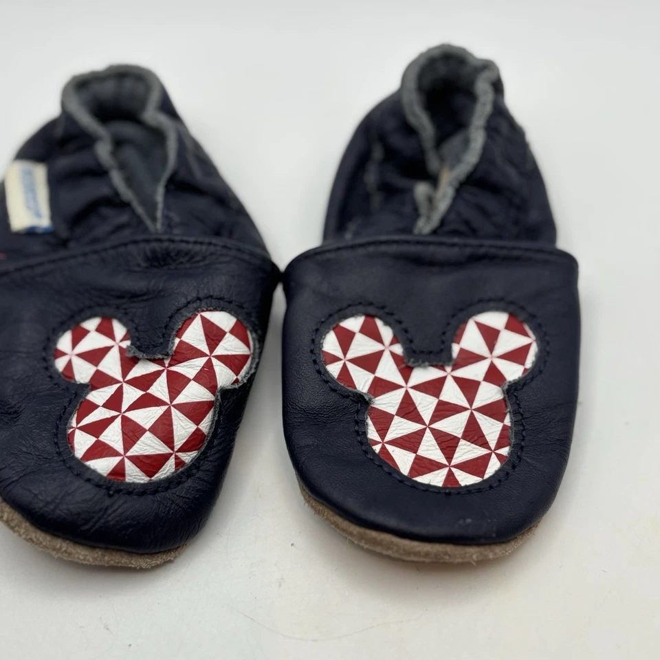 Zapatos de cuna de cuero azul marino Robeez talla 0-6 meses suelas suaves Disney Mickey Boy niña Foto 2 de 4