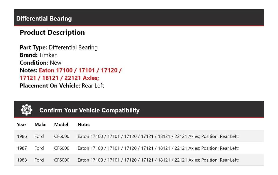 For 1986-1988 Ford CF6000 Differential Bearing Rear Left Timken 1987 - Image 2 of 4