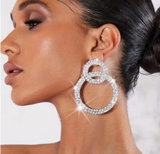 Silver Rhinestone Double Circle Hollowed Dangle Hoop Stud Glamour Earrings