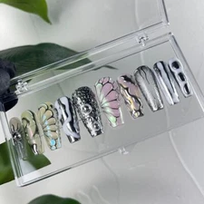 Free Style Metallic Butterfly Long Stiletto Press On Nails, Handpainted Gothic F