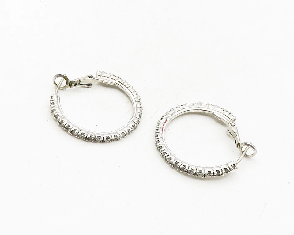 Pendientes de aro redondos brillantes de topacio blanco pequeño de plata de ley 925 EG5226 Foto 2 de 4