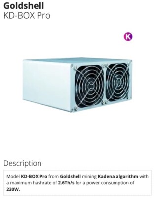     Goldshell KD-BOX Pro, 2.6 THs Miner for Kadena (KDA), WITHOUT PSU    