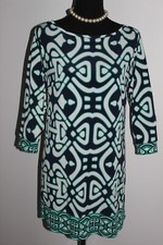 LAUNDRY Navy White Green Geometric Shift Dress Liquid Knit Sz 4 To Knee Stretch