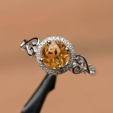 2Ct Round Cut Simulated Citrine Engagement Halo Ring 14k White Gold Plated