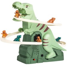 Electric Dinosaur Climbing Stairs Track Toy With Slide, Music, And LED Lights