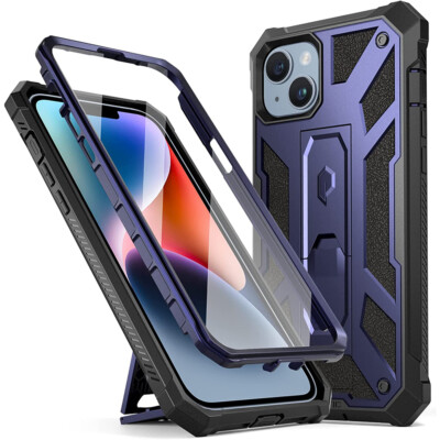 For iPhone 14 Plus Case | Poetic Rugged Leather Texture Cover Metallic Blue