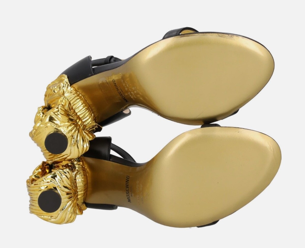MOSCHINO Gold Heel Strappy Sandals Sculpted Baroque Black Uk 7