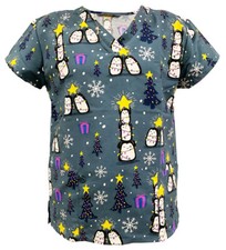 Women Halloween Christmas Medical Scrub Gray Base Penguin Christmas Tree L