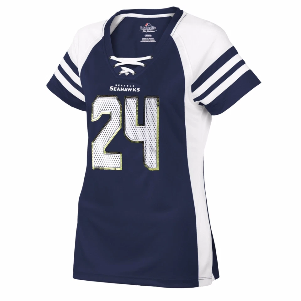 NUEVO CON ETIQUETAS Para mujeres MARSHAWN LYNCH Seattle Seahawks SEQUIN Camiseta con cordones Estilo Jersey Foto 2 de 4