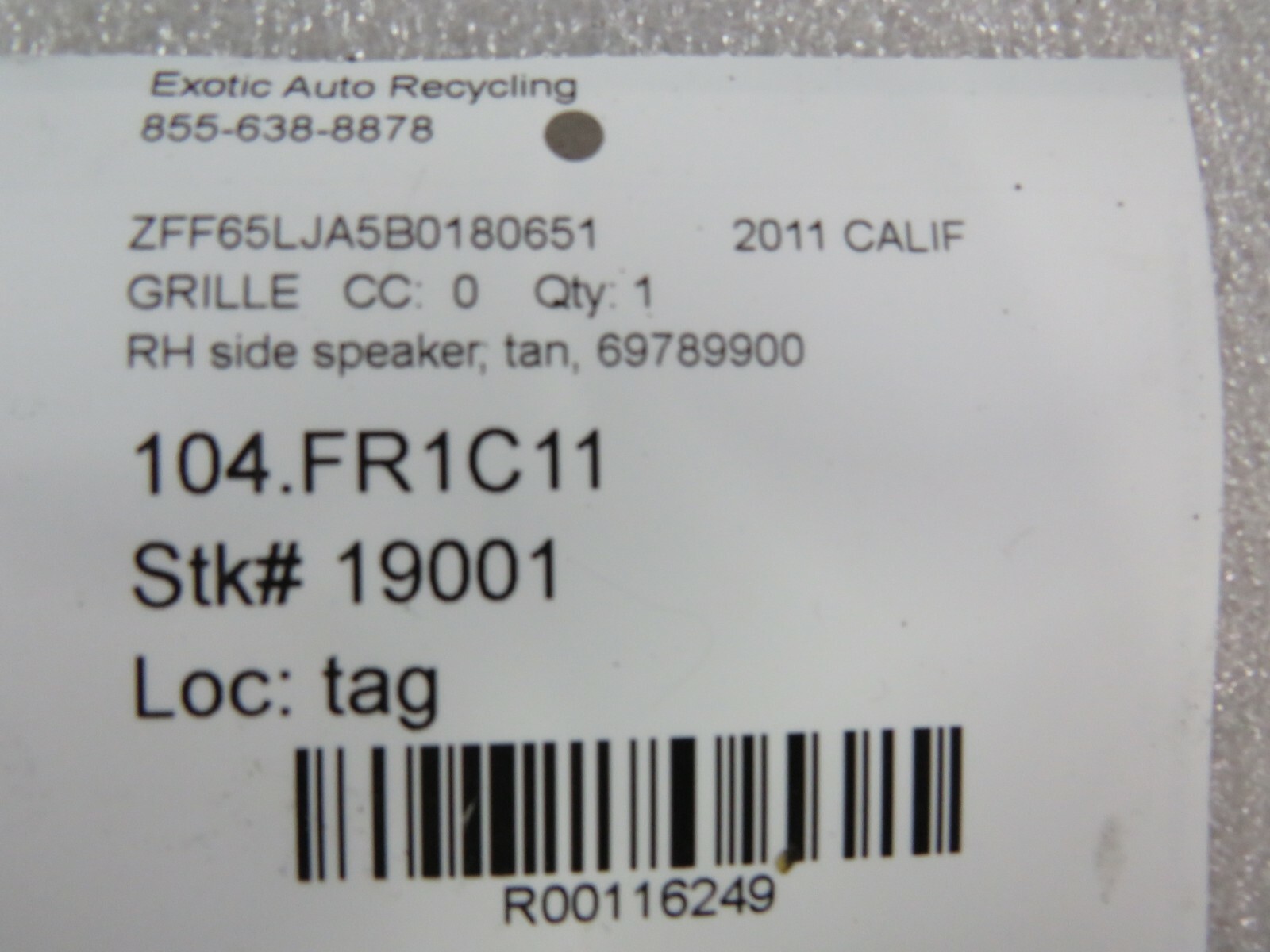 Ferrari California, RH, Right Door Speaker Grille, Cuoio, Used, P/N 69789900