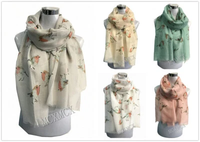 Women Ladies Long Big Robin Bird Print Pattern Shawl Scarf Warp Stole