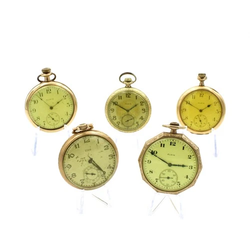 Antique Elgins 7 to 17j 12s Open Face Mens Pocket Watches Lot of 5 #WB4231-3
