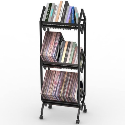 MOOMLIFE Mobile Vinyl Record Storage Rack, LP Shelf, 3-Tier, Black 