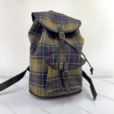 Barbour Tartan Canvas Rucksack grün Lederbesatz Explorer Tornister Backpack Tasche