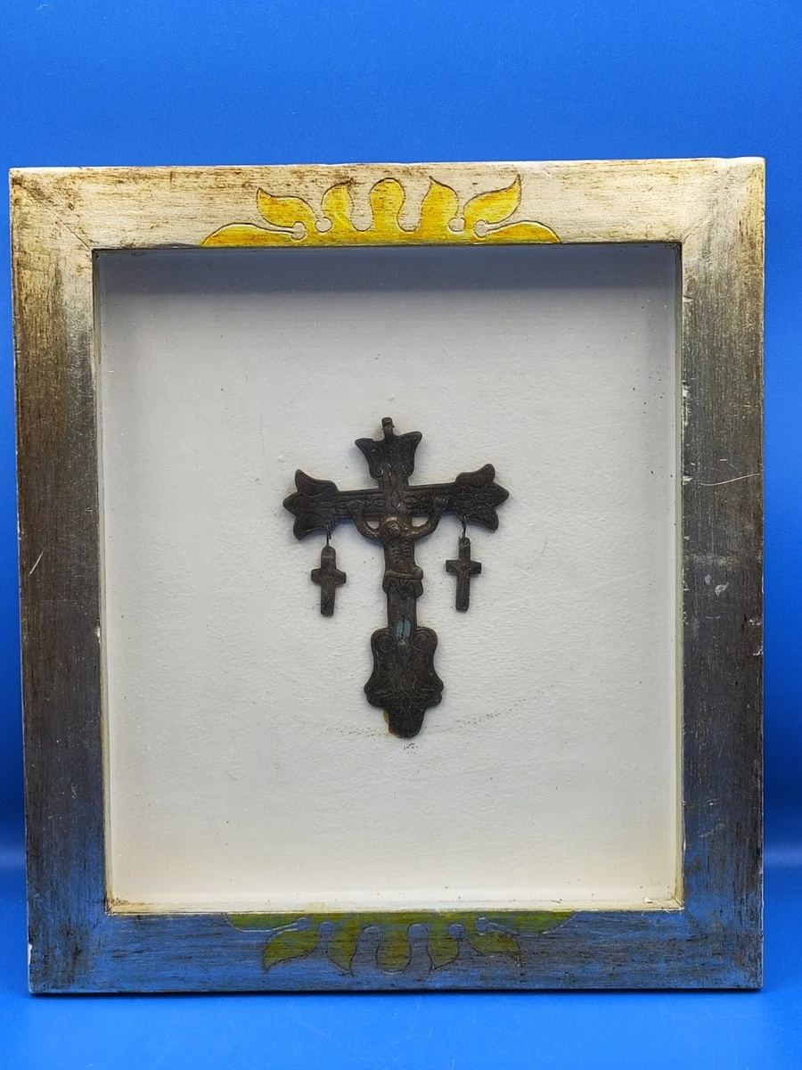 Ancien Crucifix Bronze Et Argent Sur Base Marbre - Italie, IIe Moitié Des Années 1900