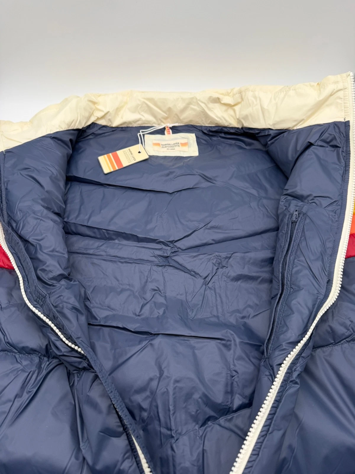 New Marine Layer Archive Boreal Puffer Vest Navy White Stripe Chevron Jacket XXL image 8