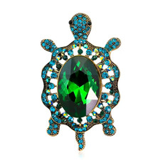 Retro Sea Turtle Brooch Green Crystal Rhinestone Gold Ocean Sea Life Pin Jewelry
