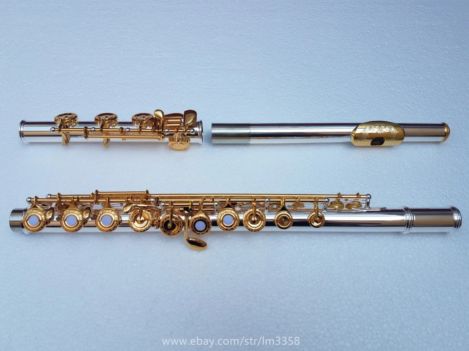 Flauta llave francesa chapada en oro 17 agujeros abiertos agujero embocadura tallado chapado en oro Foto 3 de 4