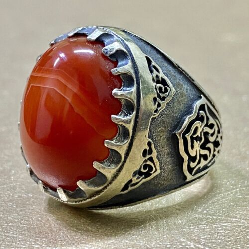 all sizes 925 Sterling Silver Men's Ring natural Yemen RED Agate aqeeq gemstone