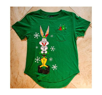 Juniors Green Bugs Graphic Christmas T-Shirt with Short Sleeves size L (11-13)