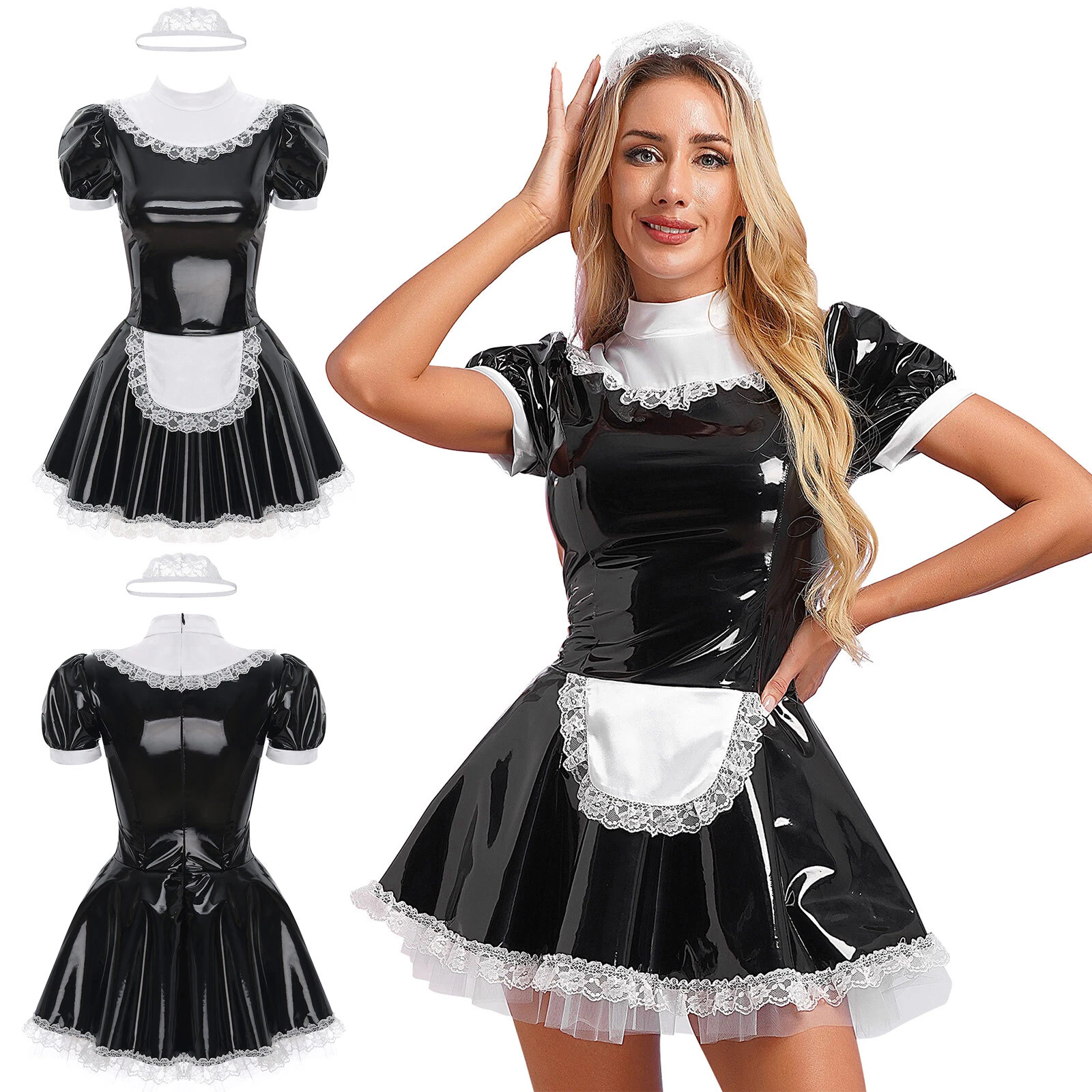 VALENTINO Costume cosplay da cameriera francese donna vestito pelle PVC lucido e fascia
