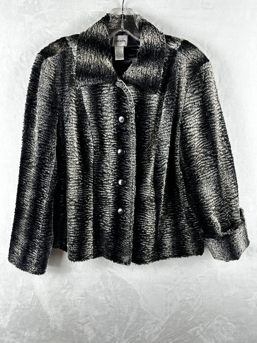 Chico’s Women’s Size Black Gray Faux Persian Lamb Button Blazer Jacket