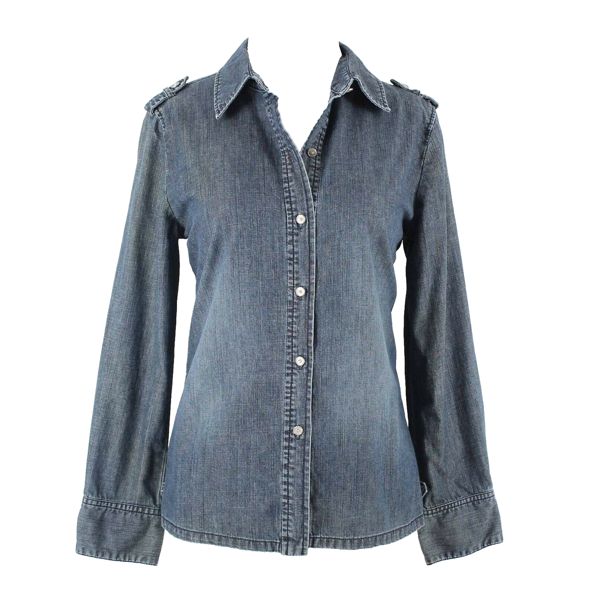 Chicos Sz 0 Blue Denim Rhinestone Button Front 100% Cotton Shirt