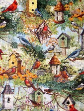 Bird House Birds Fabric 21" Length 44"W Modest Dwellings Cotton Fabric CP59071