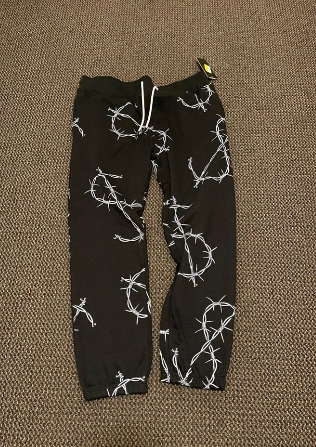 Men's Barbed Wire Print Joggers with Light Fleece Lining and Wide Drawstring Wai