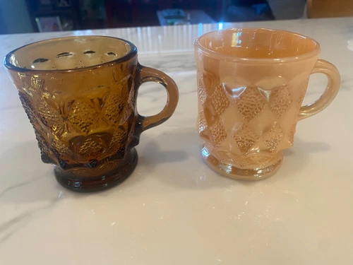 Anchor Hocking, Fire King, diamond coffee mugs amber and peach luster