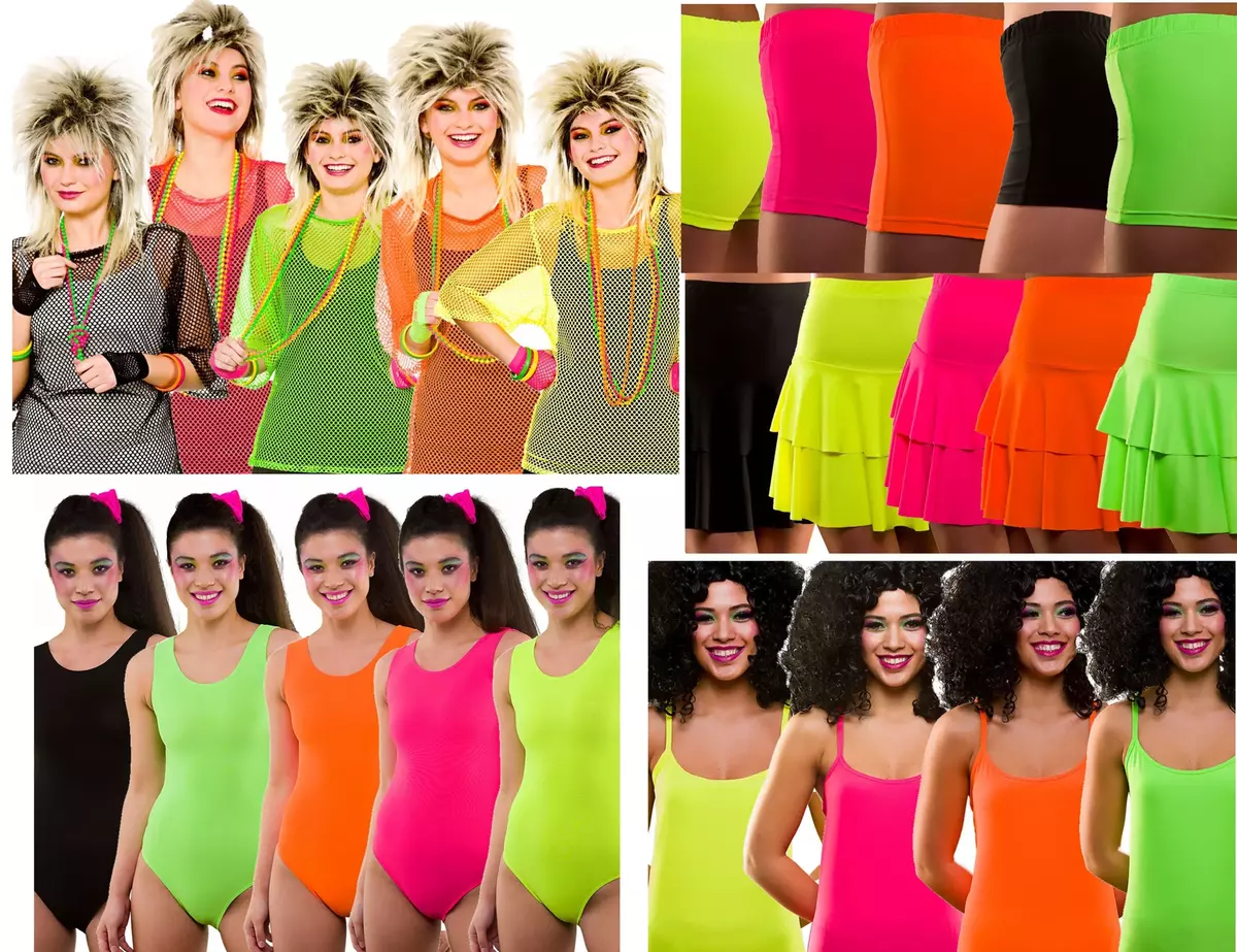 80s Neon Rave 1980s Aerobics Leotard Ra-Ra Skirt Fancy Dress Leggings  Ladies