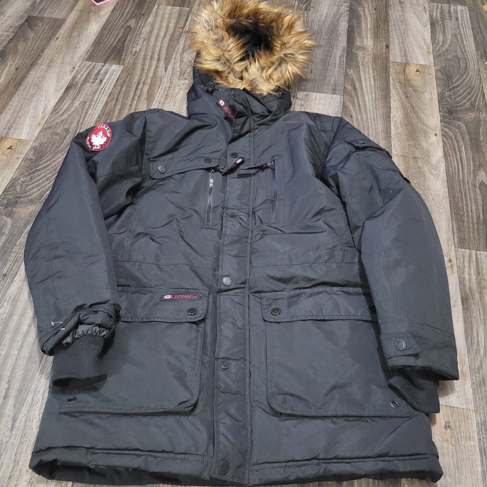 Canada Weathergear Black Puffer Jacket Men's Large Faux Fur Hood Winter Outdoor