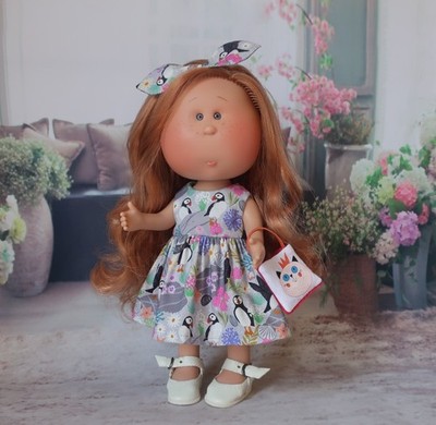Nines D'Onil Mia or Pippa doll outfit Puffin birds Dress, Headband, cat Bag 3pcs