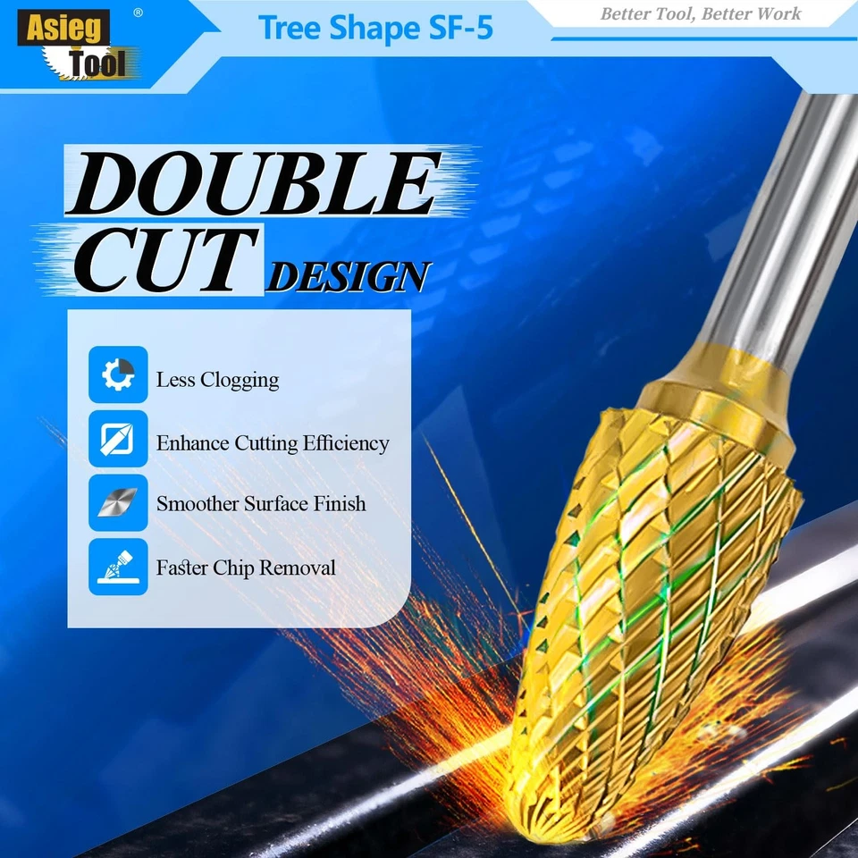 5-pcs Tungsten Carbide Burr TiN Rotary File Tree Shape 1/4 in Shank 1/2 in - Image 4 of 4