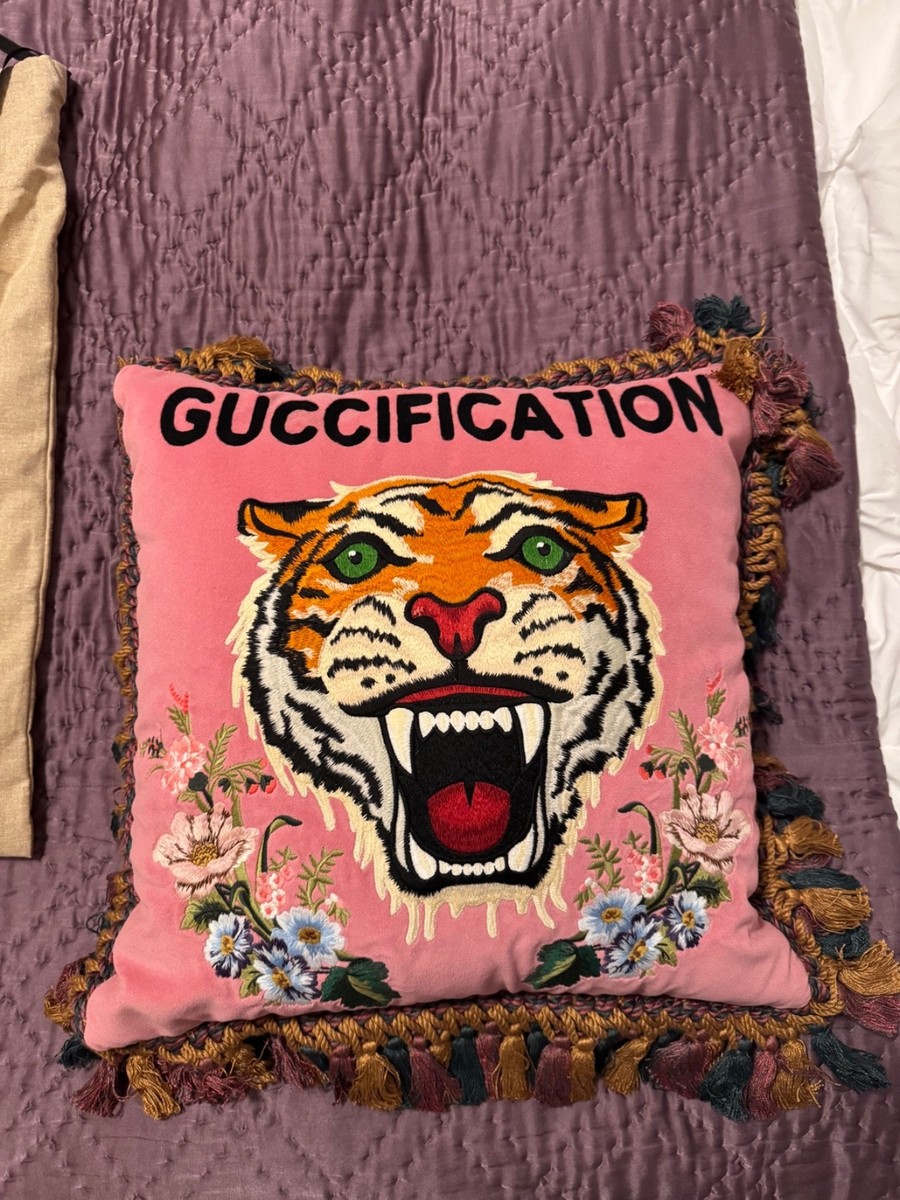 Gucci “Guccification” Tiger Velvet Throw Pillow Pink Embroidered