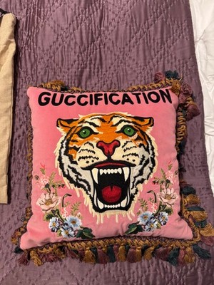 Gucci “Guccification” Tiger Velvet Throw Pillow Pink Embroidered