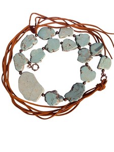 Vintage Turquoise Flat Stones Leather Cord Belt Necklace Boho Rustic Adj Estate