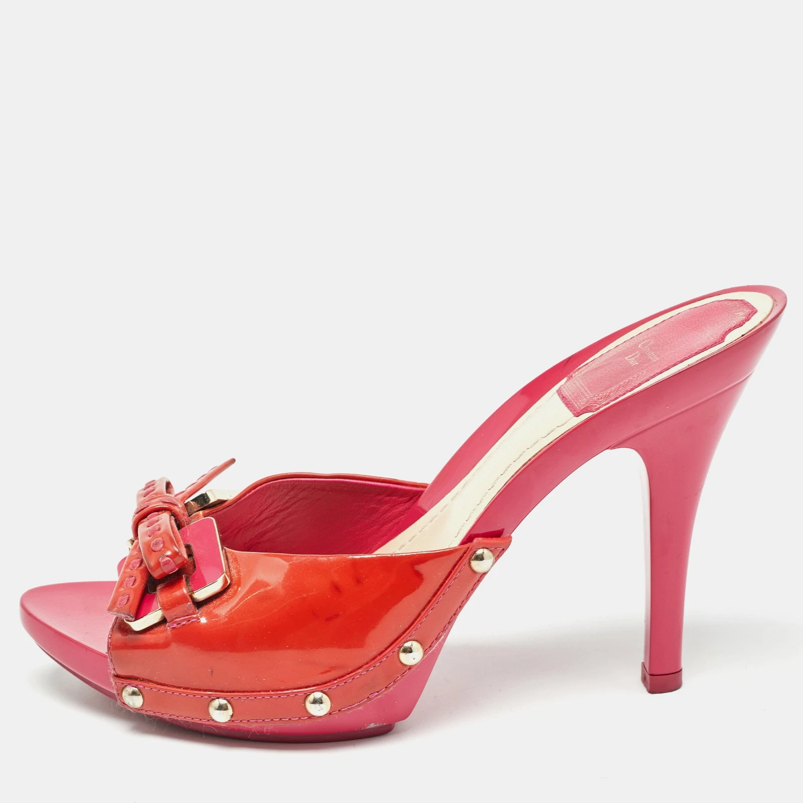Sandales Dior en cuir verni rose nœud coulissant pointure 36