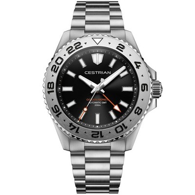 Cestrian Ocean Series Herrenuhr CO-BKS001 schwarzes Zifferblatt Stahlarmband GMT 200M