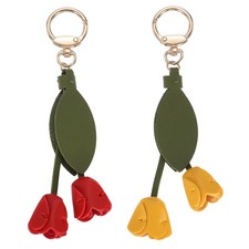 2Pcs Leather Leaf Flower Keychain Tulip Floral Bag Charm Accessory Yellow/Red