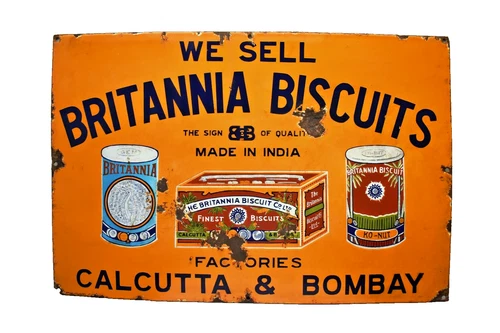 Vintage Britannia Biscuits Porcelain Enamel Sign 30x20 Calcutta Bombay Advertisi