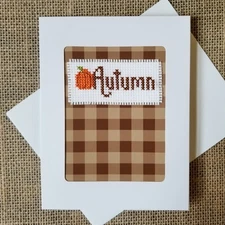 Completed Finished Cross Stitch Autumn Pumpkin Blank Note Card