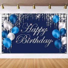 Blue Silver Happy Birthday Decorations Blue Banner Backdrop Large Background