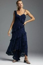 BHLDN Claudia Asymmetrical Ruffled Chiffon Dress Blue Wedding Tiered Flutter L