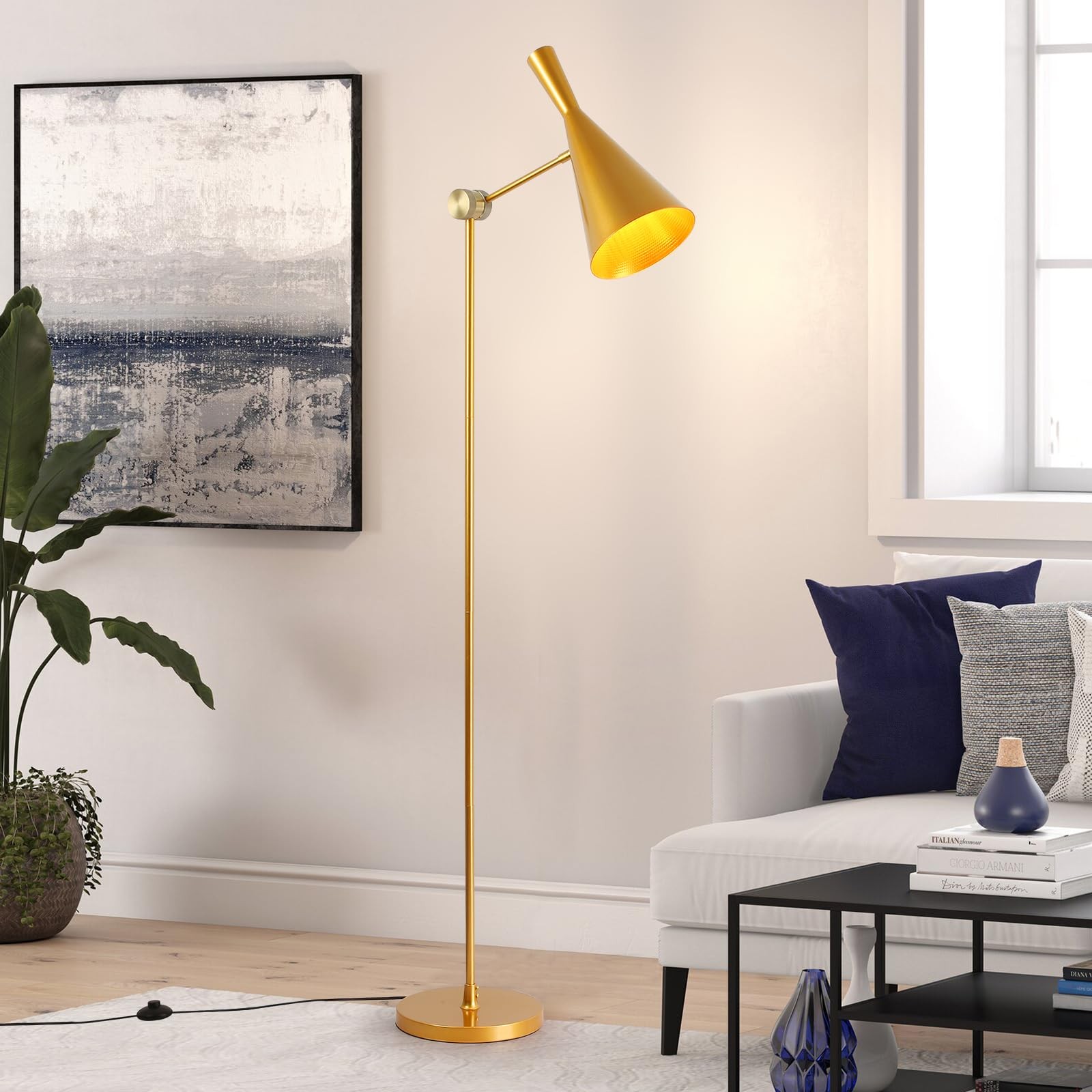 Gold Adjustable Brass Floor Lamp Tall Standing Light Fixture with Metal Base