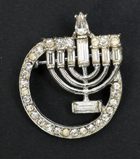Vintage Silver Tone  Rhinestone Menorah Brooch/Pin