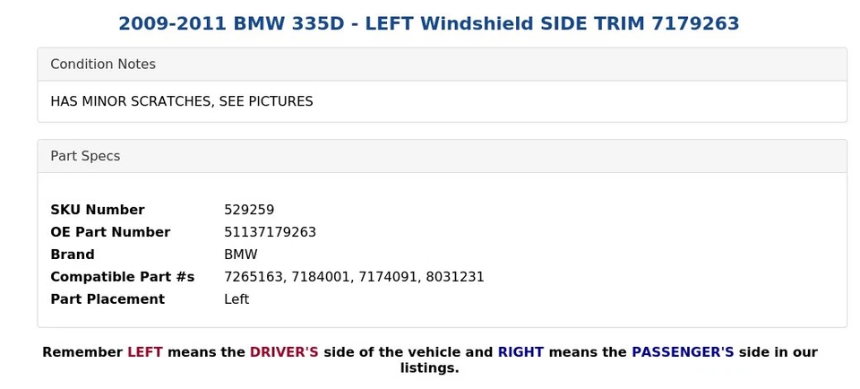 BMW 335D 2009-2011 - Parabrisas izquierdo moldura lateral 7179263 Foto 4 de 4