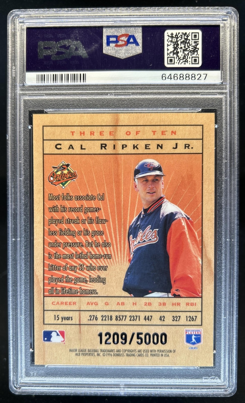 1996 Leaf Limited Cal Ripken Jr. Lumberjacks #/5000 Orioles PSA 10 GEM MINT view 2