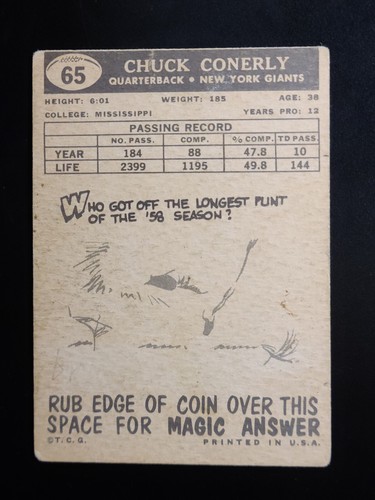 Topps Chuck Conerly New York Giants 1959 #65 en muy buen estado - Imagen 2 de 2